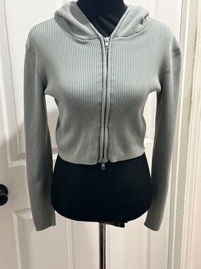 Sage Green hoodie Ribbed  Crop Long Sleeve Sweater with double zipper